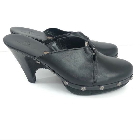 COLE HAAN Black Leather Silver Studs Clogs Sz 8.5 - Picture 3 of 4